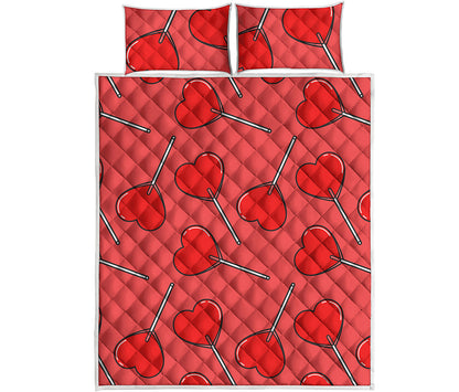 Red Heart Lollipop Pattern Print Quilt Bed Set