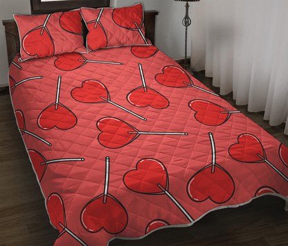 Red Heart Lollipop Pattern Print Quilt Bed Set