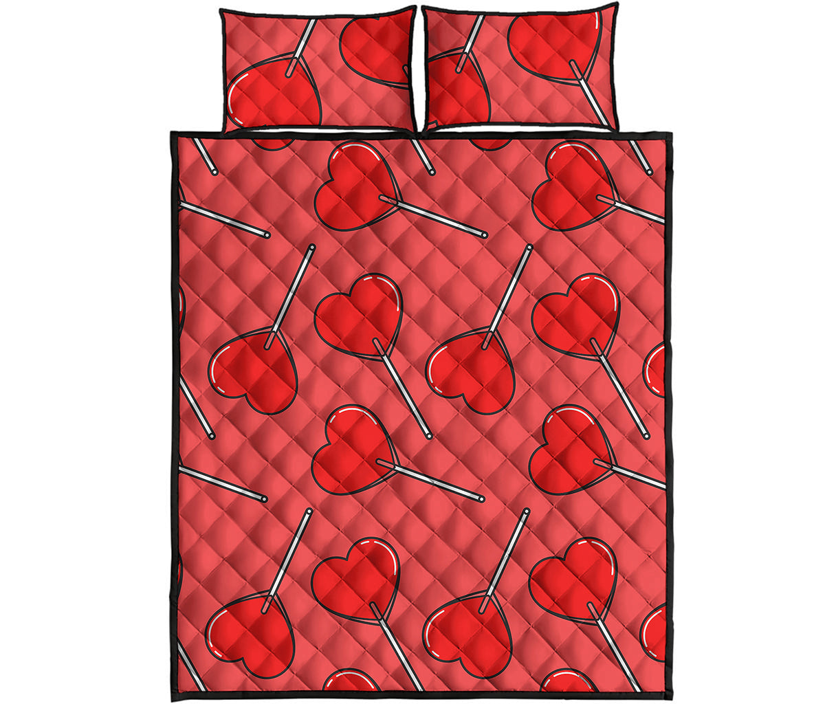 Red Heart Lollipop Pattern Print Quilt Bed Set