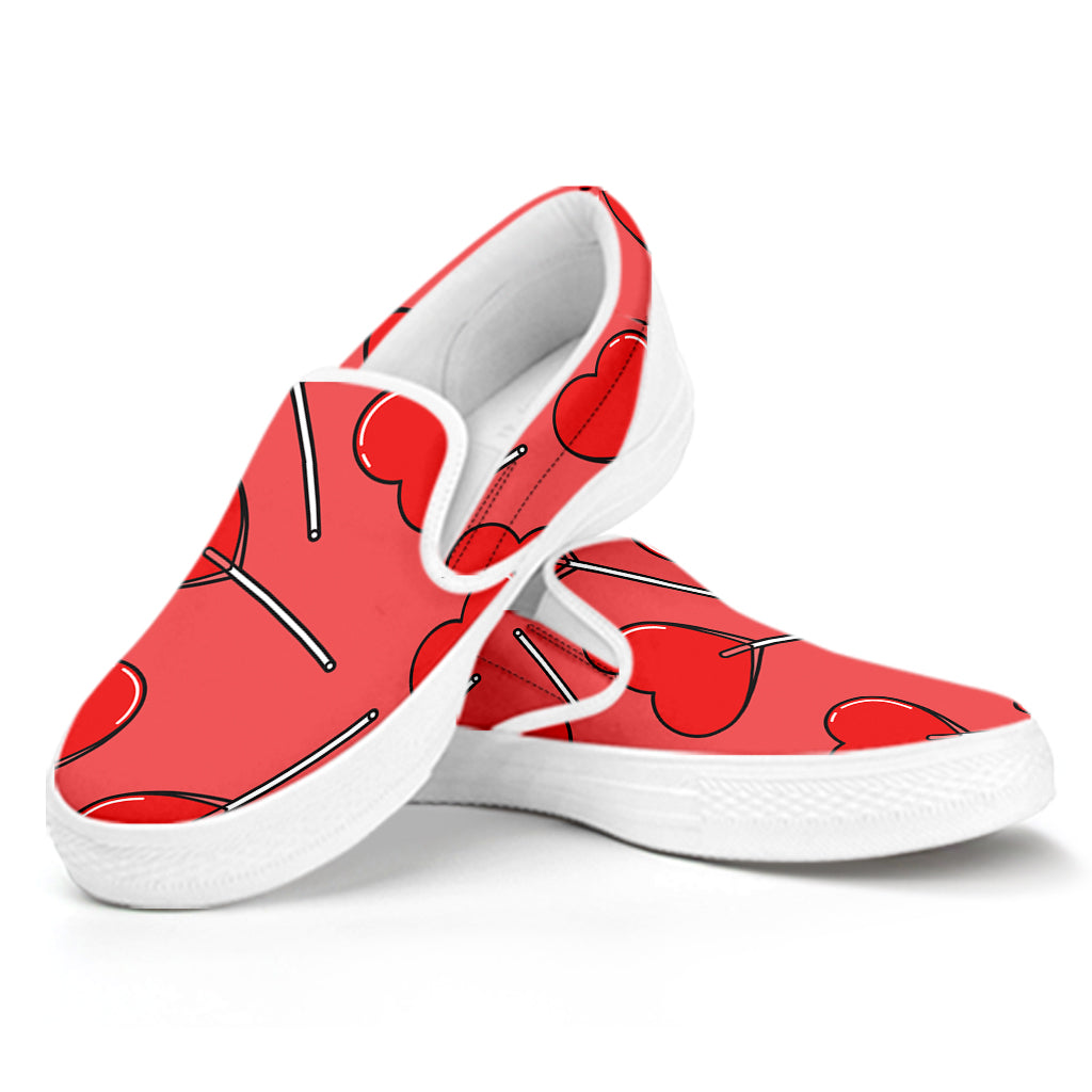Red Heart Lollipop Pattern Print White Slip On Shoes