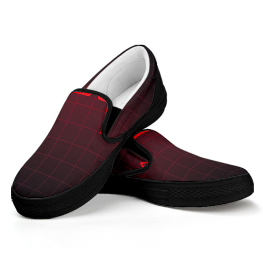 Red Heartbeat Print Black Slip On Shoes