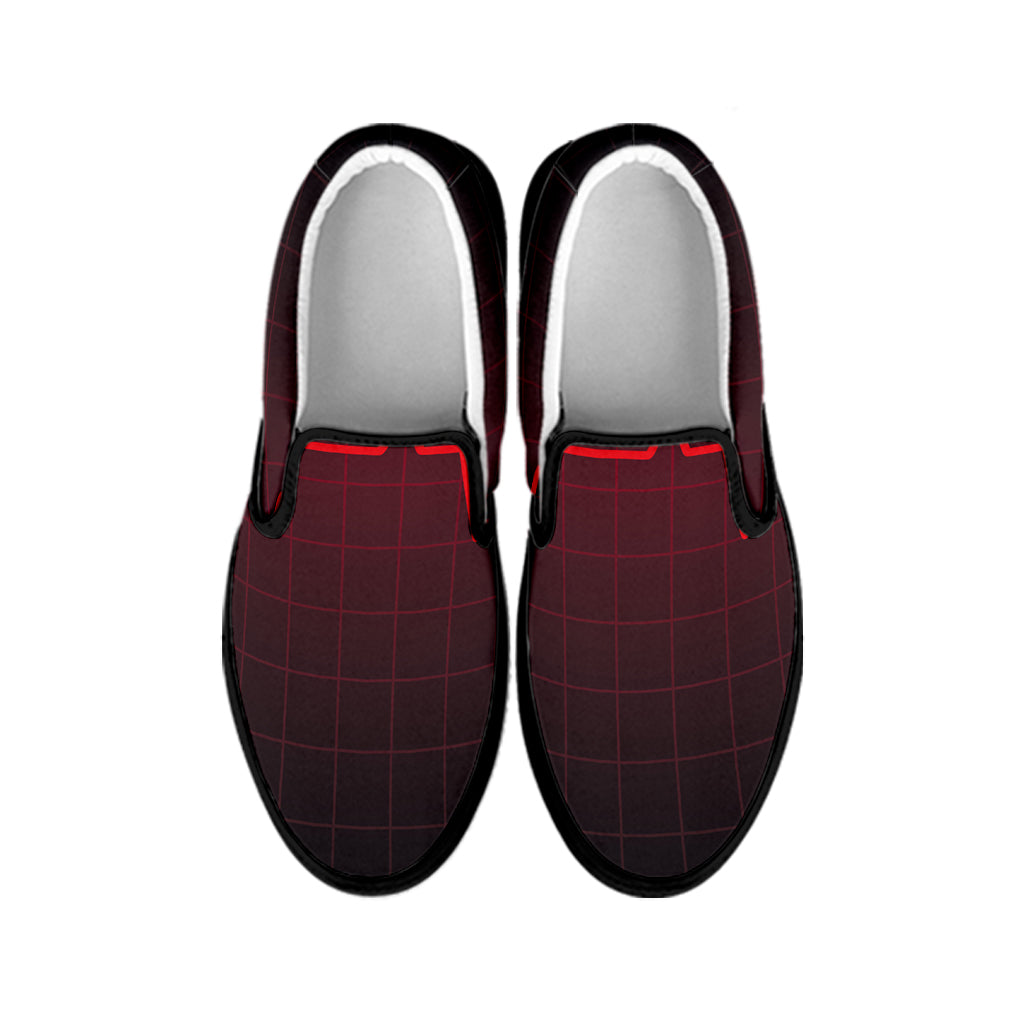 Red Heartbeat Print Black Slip On Shoes