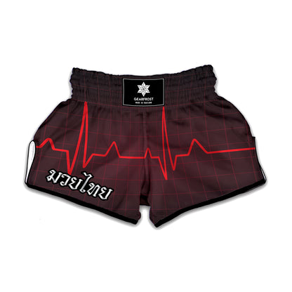 Red Heartbeat Print Muay Thai Boxing Shorts