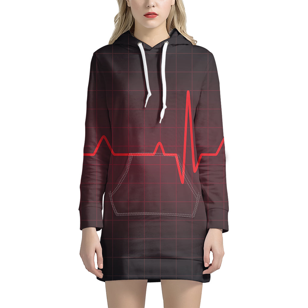 Red Heartbeat Print Pullover Hoodie Dress