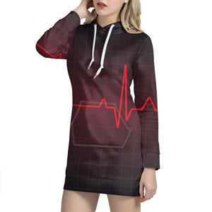 Red Heartbeat Print Pullover Hoodie Dress