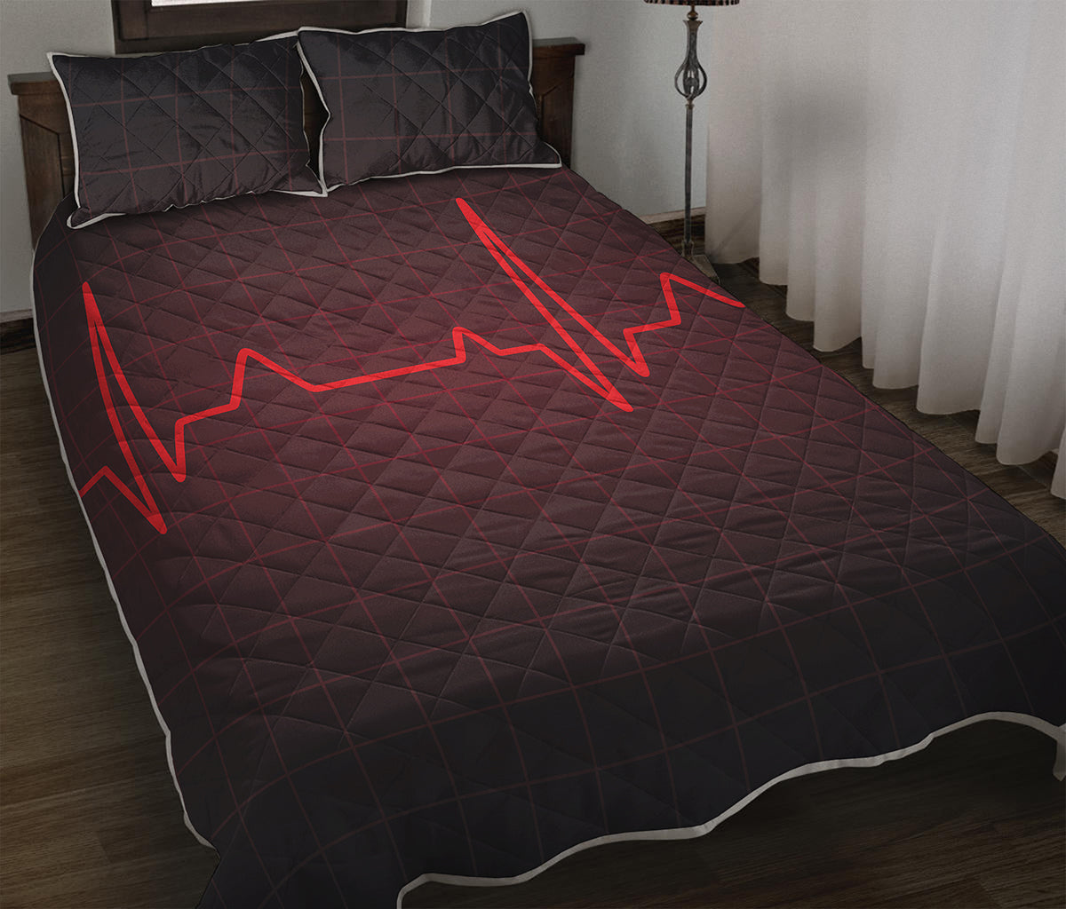 Red Heartbeat Print Quilt Bed Set