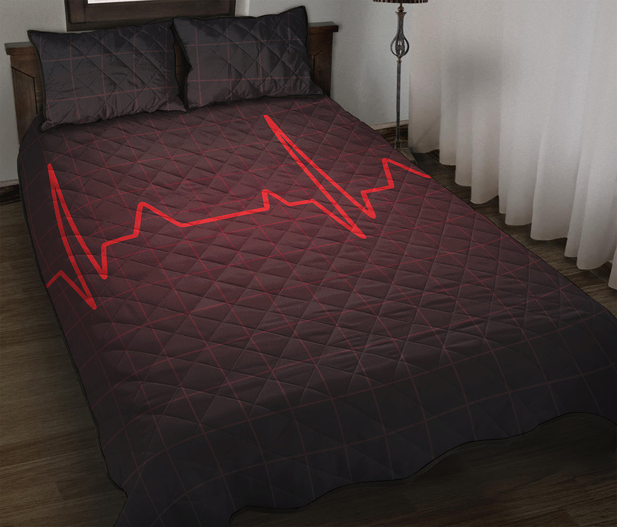 Red Heartbeat Print Quilt Bed Set