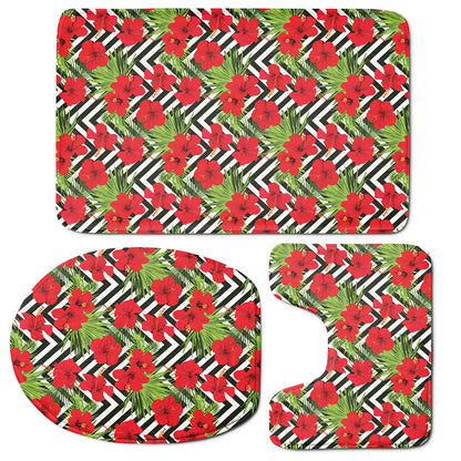 Red Hibiscus Chevron Pattern Print 3 Piece Bath Mat Set