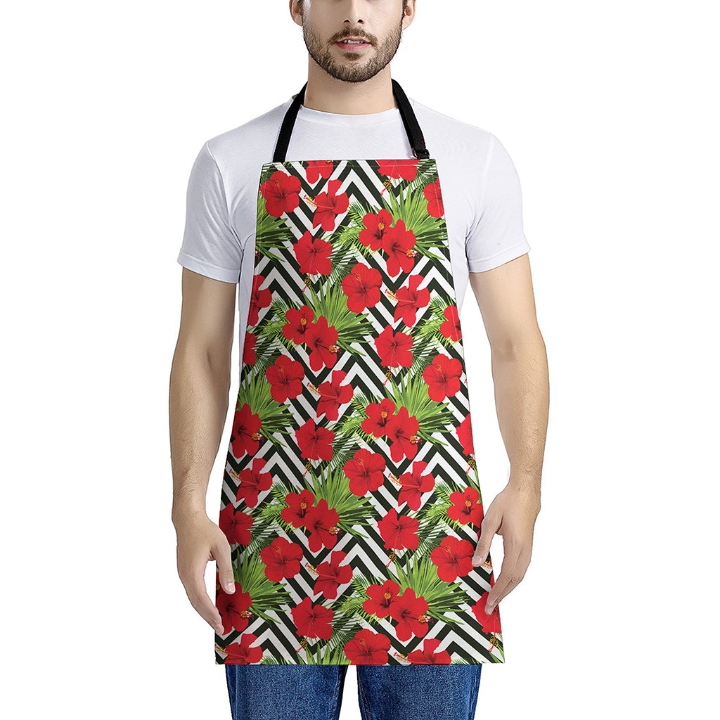 Red Hibiscus Chevron Pattern Print Apron