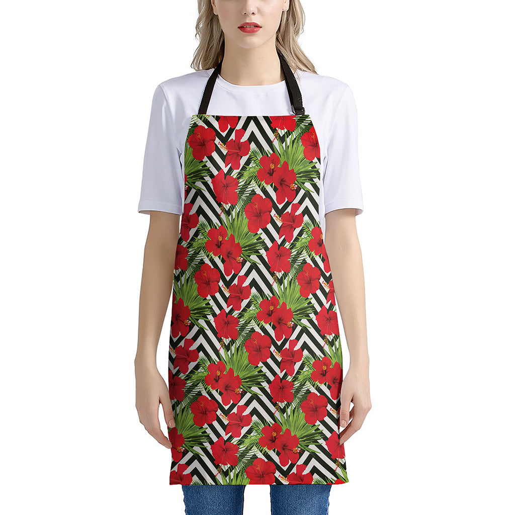 Red Hibiscus Chevron Pattern Print Apron