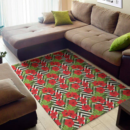 Red Hibiscus Chevron Pattern Print Area Rug