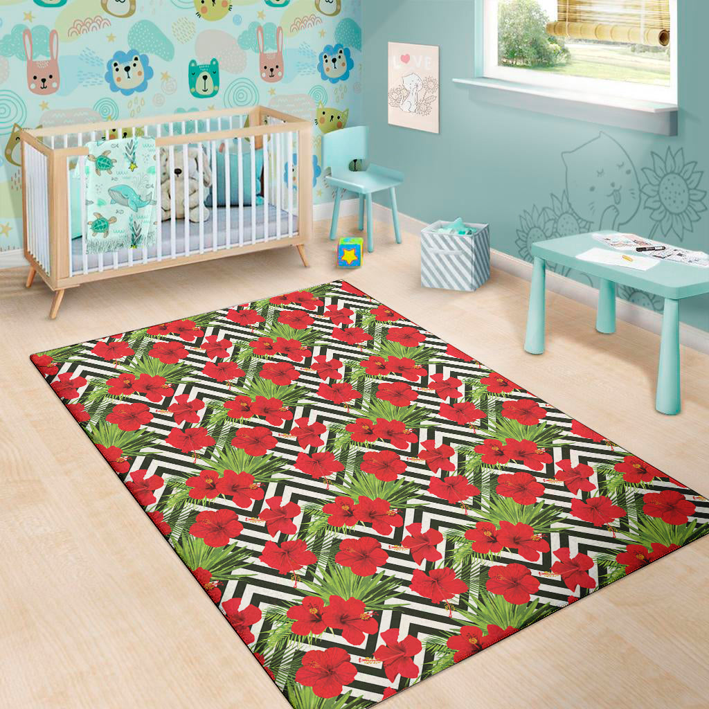Red Hibiscus Chevron Pattern Print Area Rug