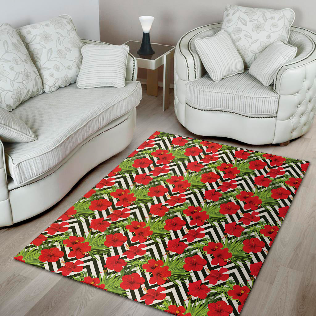 Red Hibiscus Chevron Pattern Print Area Rug