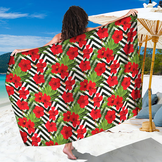 Red Hibiscus Chevron Pattern Print Beach Sarong Wrap