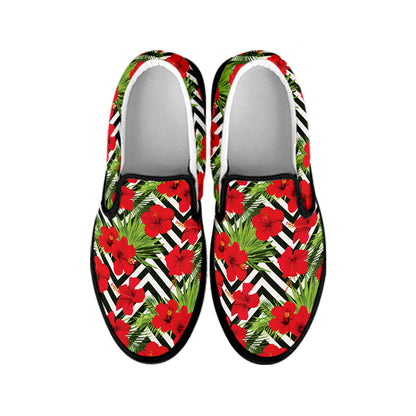 Red Hibiscus Chevron Pattern Print Black Slip On Shoes