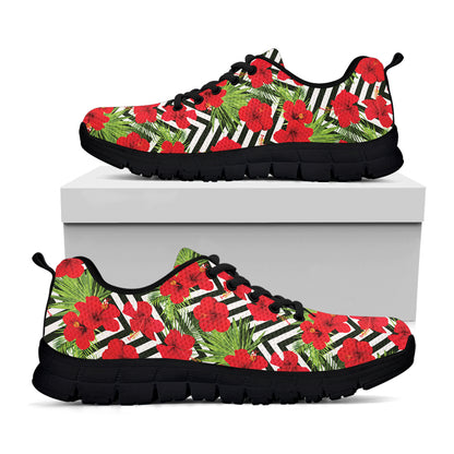 Red Hibiscus Chevron Pattern Print Black Sneakers