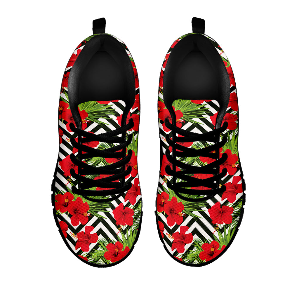 Red Hibiscus Chevron Pattern Print Black Sneakers