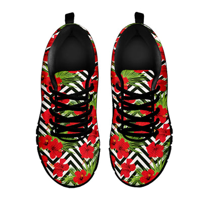 Red Hibiscus Chevron Pattern Print Black Sneakers