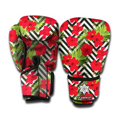 Red Hibiscus Chevron Pattern Print Boxing Gloves