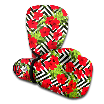 Red Hibiscus Chevron Pattern Print Boxing Gloves