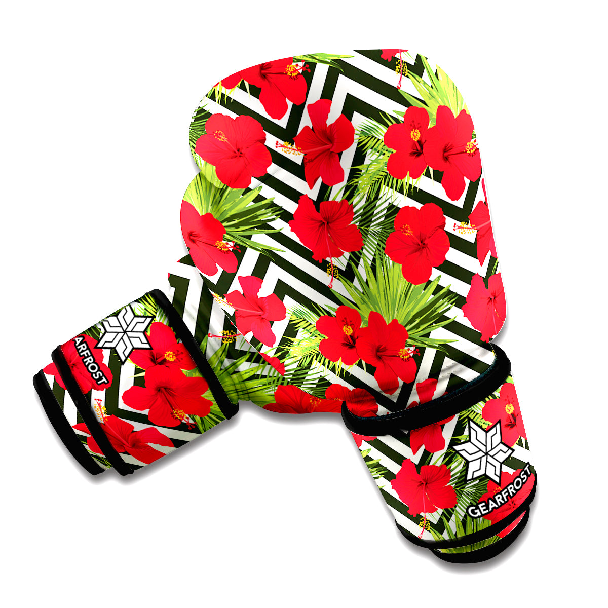 Red Hibiscus Chevron Pattern Print Boxing Gloves