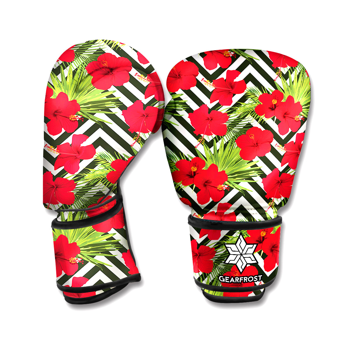 Red Hibiscus Chevron Pattern Print Boxing Gloves
