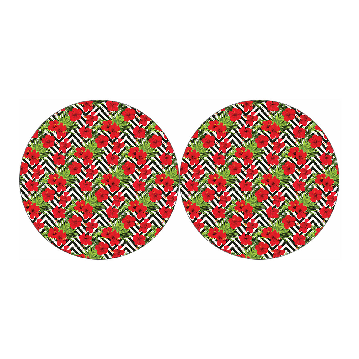 Red Hibiscus Chevron Pattern Print Car Coasters