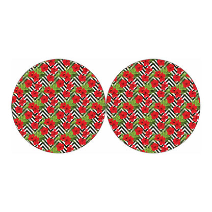 Red Hibiscus Chevron Pattern Print Car Coasters