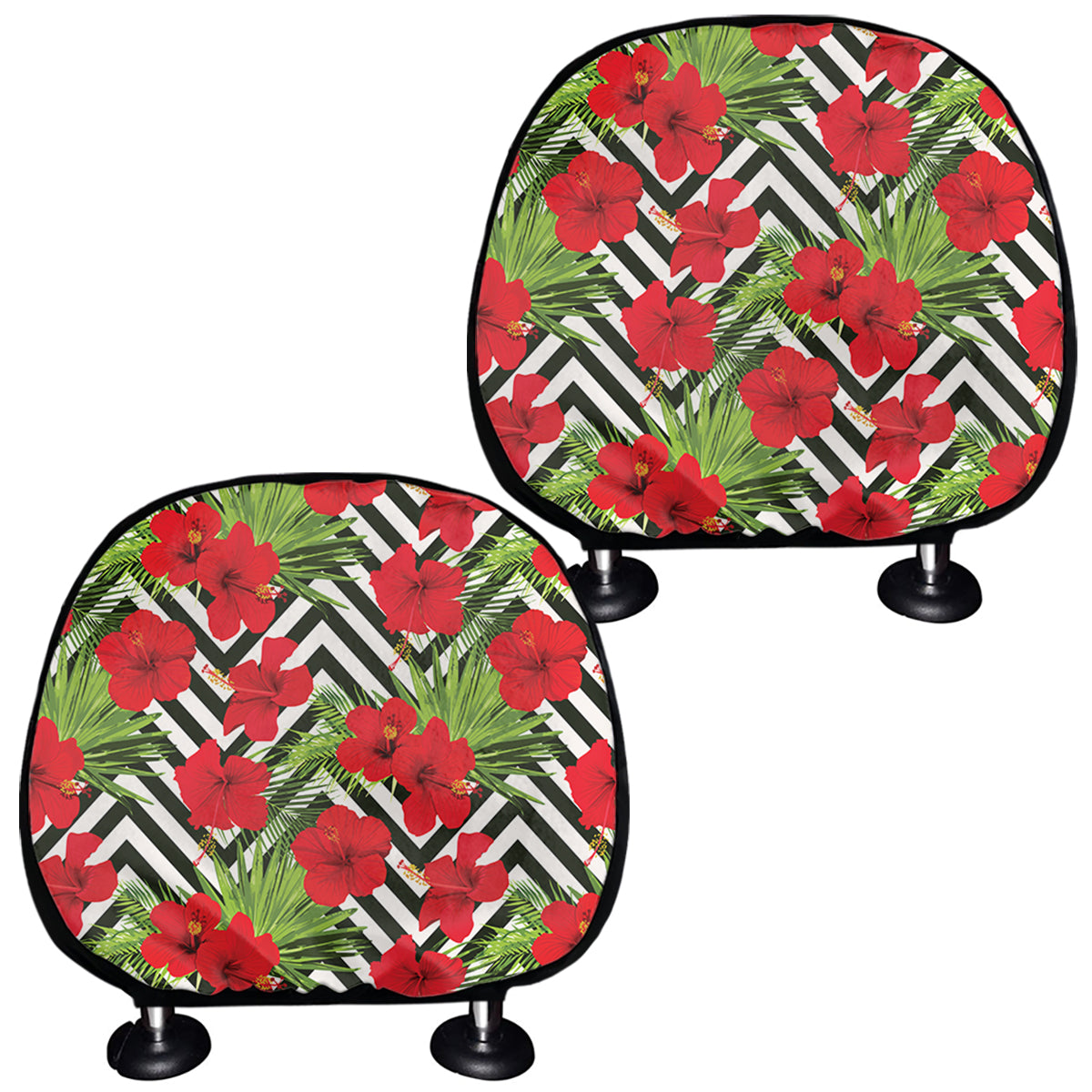 Red Hibiscus Chevron Pattern Print Car Headrest Covers