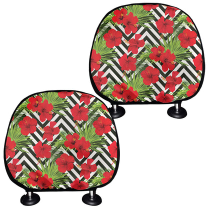Red Hibiscus Chevron Pattern Print Car Headrest Covers