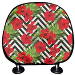 Red Hibiscus Chevron Pattern Print Car Headrest Covers