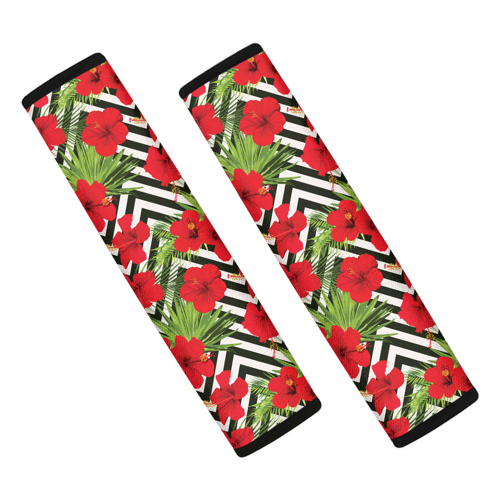 Red Hibiscus Chevron Pattern Print Car Seat Belt Covers