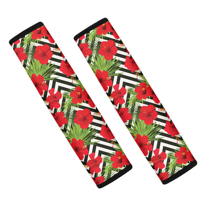 Red Hibiscus Chevron Pattern Print Car Seat Belt Covers
