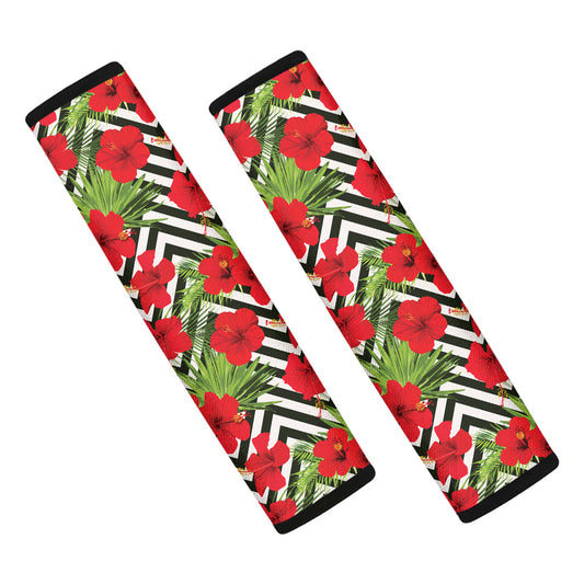 Red Hibiscus Chevron Pattern Print Car Seat Belt Covers