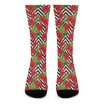 Red Hibiscus Chevron Pattern Print Crew Socks
