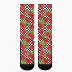 Red Hibiscus Chevron Pattern Print Crew Socks
