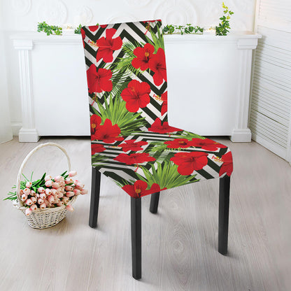 Red Hibiscus Chevron Pattern Print Dining Chair Slipcover