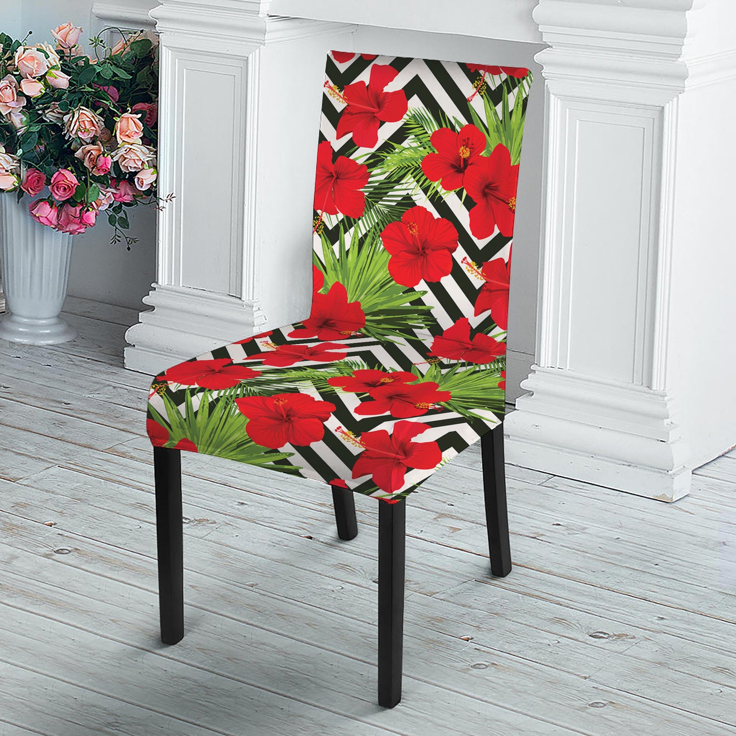 Red Hibiscus Chevron Pattern Print Dining Chair Slipcover