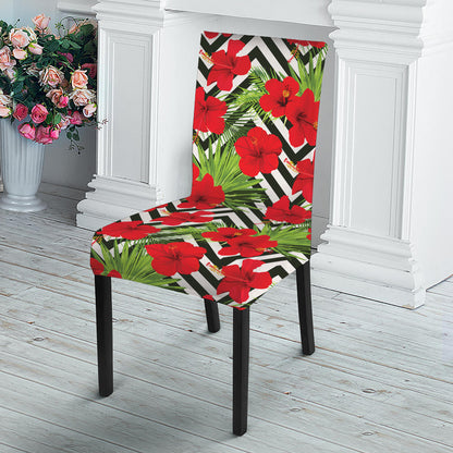 Red Hibiscus Chevron Pattern Print Dining Chair Slipcover