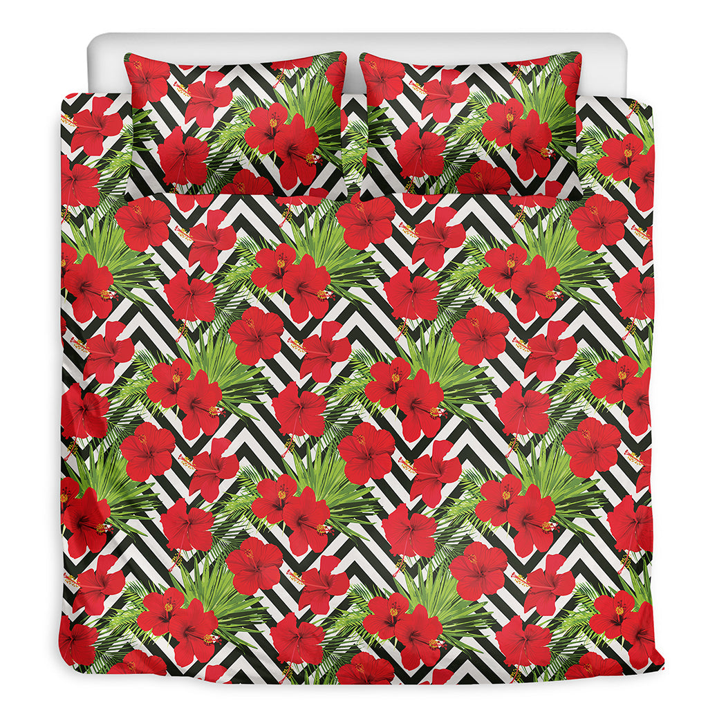 Red Hibiscus Chevron Pattern Print Duvet Cover Bedding Set