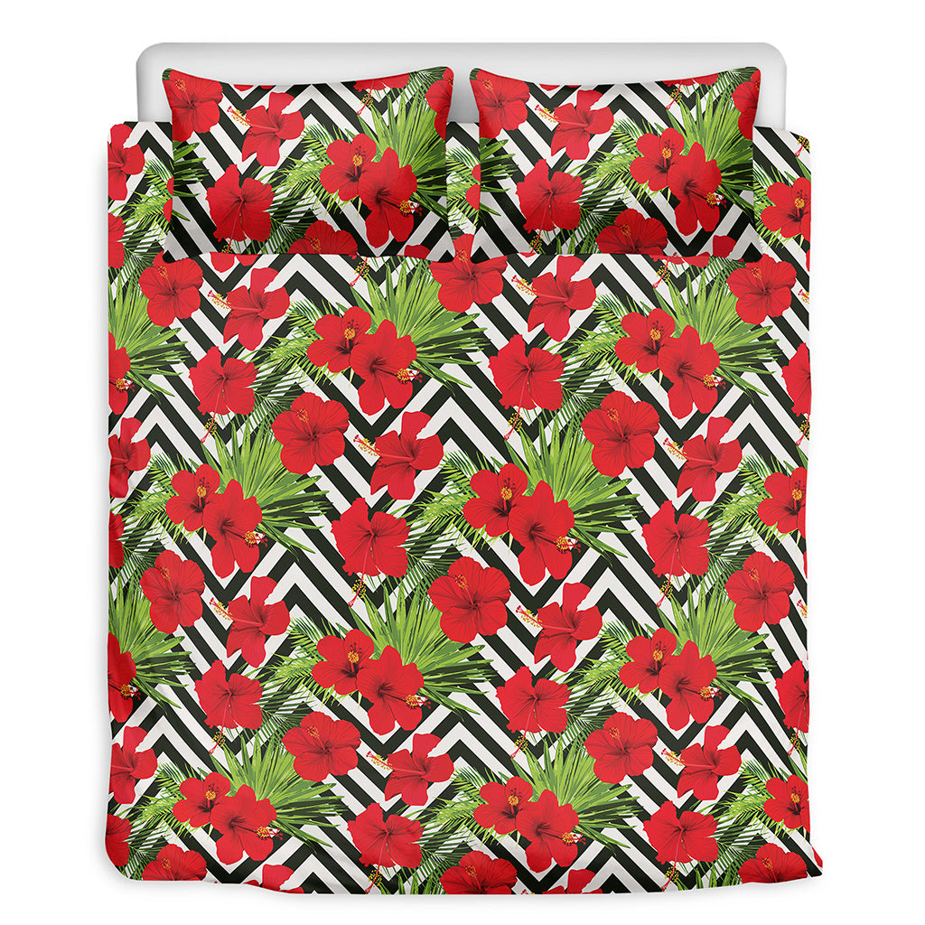 Red Hibiscus Chevron Pattern Print Duvet Cover Bedding Set