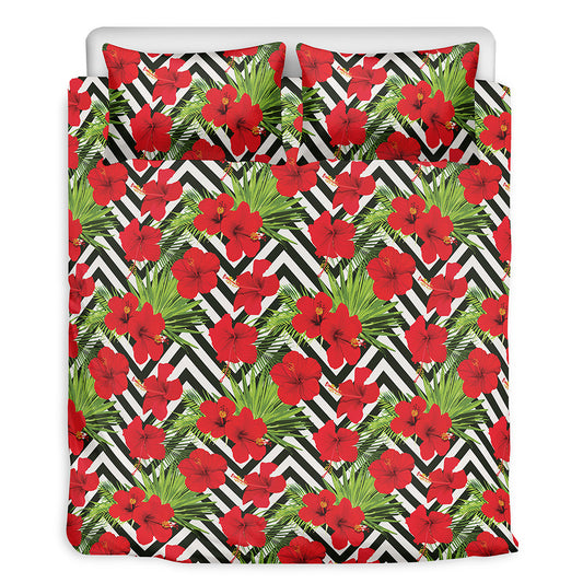 Red Hibiscus Chevron Pattern Print Duvet Cover Bedding Set
