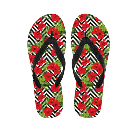 Red Hibiscus Chevron Pattern Print Flip Flops