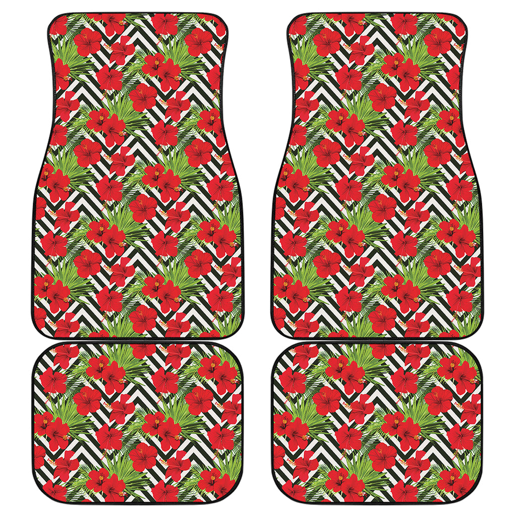 Red Hibiscus Chevron Pattern Print Front and Back Car Floor Mats