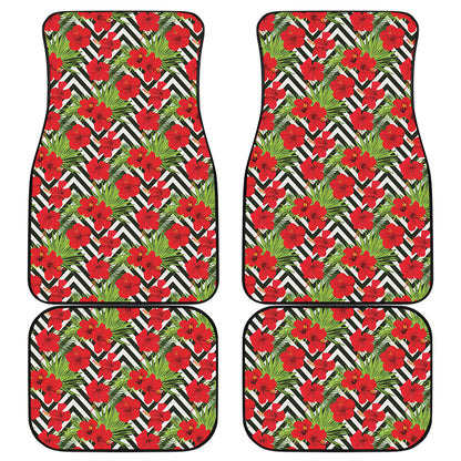 Red Hibiscus Chevron Pattern Print Front and Back Car Floor Mats