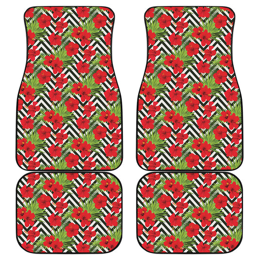 Red Hibiscus Chevron Pattern Print Front and Back Car Floor Mats