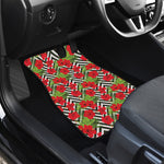 Red Hibiscus Chevron Pattern Print Front and Back Car Floor Mats