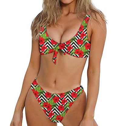 Red Hibiscus Chevron Pattern Print Front Bow Tie Bikini