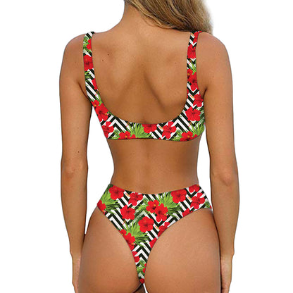 Red Hibiscus Chevron Pattern Print Front Bow Tie Bikini