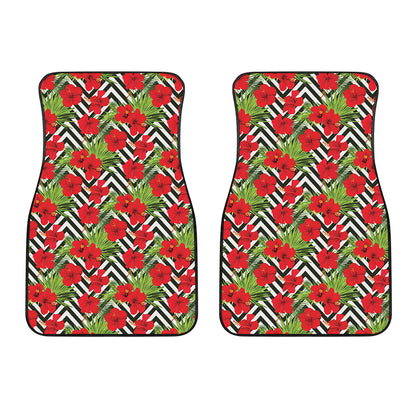 Red Hibiscus Chevron Pattern Print Front Car Floor Mats